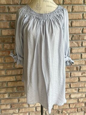 Paisley Vine Light Blue Boho Peasant Tunic with Tie Sleeves